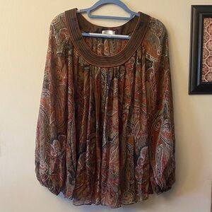 Badgley Mischka Silk Semi Sheer Multicolor Paisley Patterned Blouse